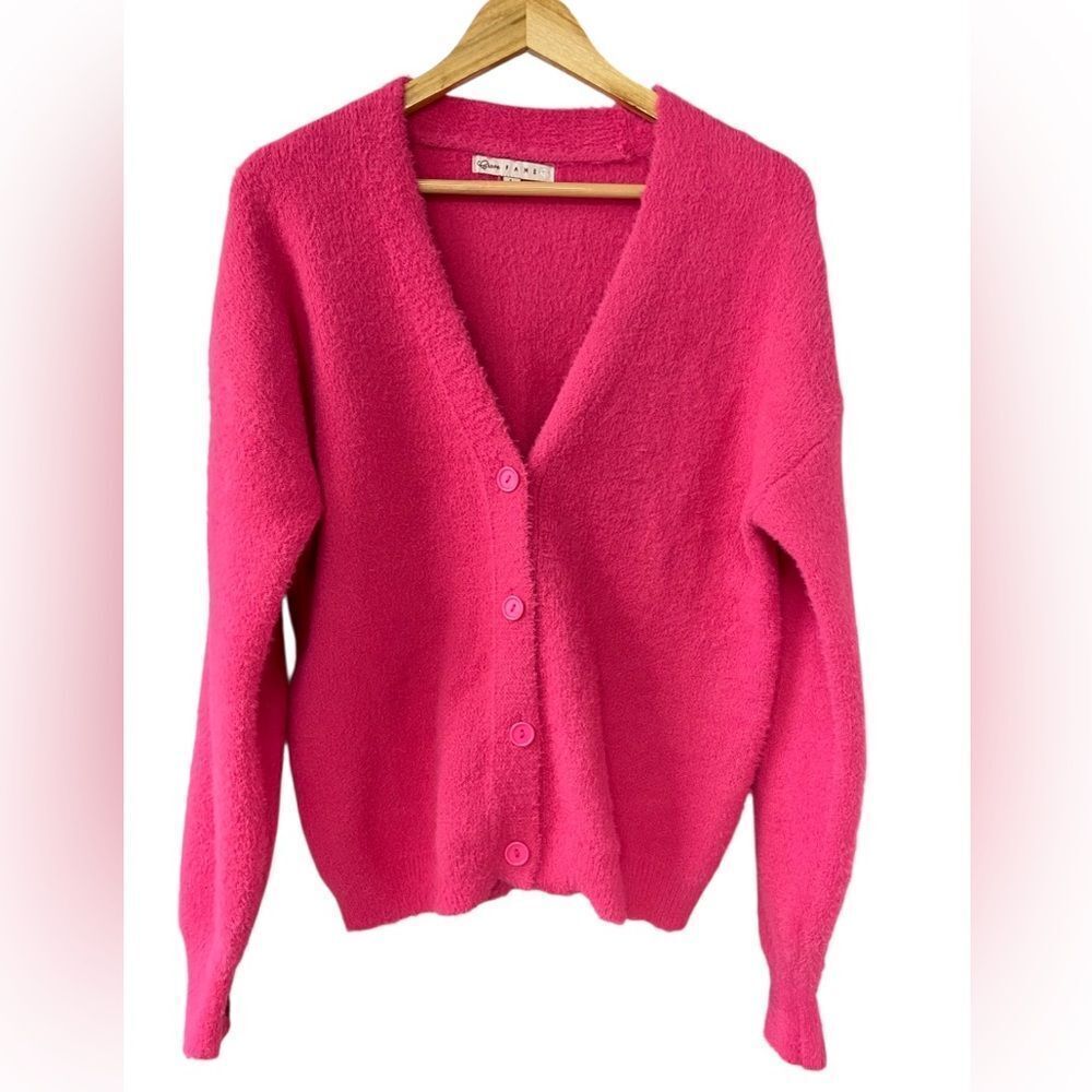 Crave Fame Women's Hot Pink Cardigan Size L Button V-Neck Barbiecore Fuzzy